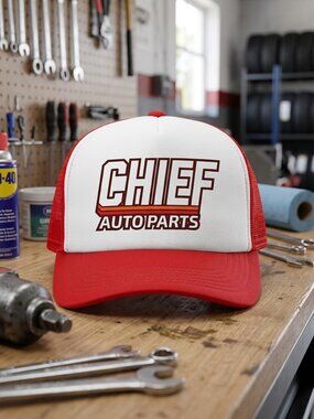 Chief Auto Parts 80s Printed Red White Foam Snapback Hat Mechanic Cap Retro Cool